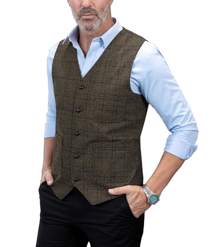 Solove-Suit Herren Elegant Anzug Weste Kariert Plaid Slim Fit Wolle Tweed Weste für Hochzeits（Kaffee，S von Solove-Suit