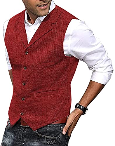 Solove-Suit Herren Elegant Anzug Weste Kerbe Revers Casual Slim Fit Wolle Tweed Weste für Hochzeits(Rot,XXL) von Solove-Suit