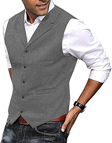 Solove-Suit Herren Elegant Anzug Weste Kerbe Revers Casual Slim Fit Wolle Tweed Weste für Hochzeits(Silber,XL) von Solove-Suit