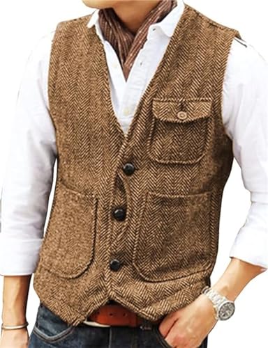 Solovedress Herren Casual Wolle 3 echte Taschen Anzug Weste V-Ausschnitt Tweed Weste für Hochzeit Groomsmen(Braun,XXL) von Solovedress