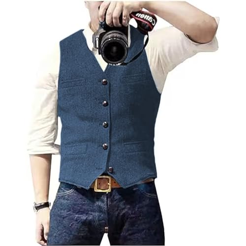 Solovedress Herren Casual Wolle Fischgrätmuster Anzug Weste V-Ausschnitt Tweed Weste für Hochzeit Groomsmen(Blau,M) von Solovedress