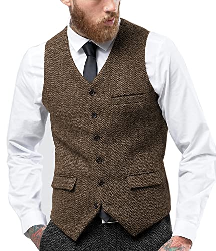 Solovedress Herren Jahrgang Anzug Weste V-Ausschnitt Geschäft Tweed Weste Slim Fit für die Hochzeit(Braun,XL) von Solovedress