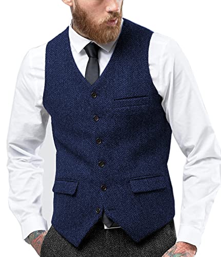 Solovedress Herren Jahrgang Anzug Weste V-Ausschnitt Geschäft Tweed Weste Slim Fit für die Hochzeit(Königsblau,L) von Solovedress