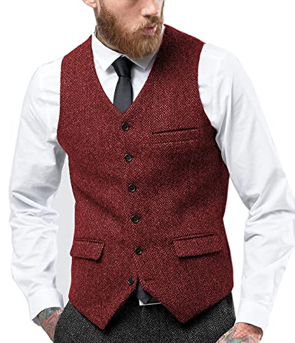 Solovedress Herren Jahrgang Anzug Weste V-Ausschnitt Geschäft Tweed Weste Slim Fit für die Hochzeit(Rot,XL) von Solovedress
