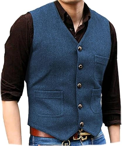 Solovedress Herren Jahrgang Wolle Fischgrätmuster Anzug Weste V-Ausschnitt Tweed Weste für Hochzeit Groomsmen(Helles Marineblau,M) von Solovedress