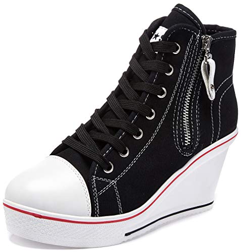 Solshine Damen Canvas Sneaker Wedge Turnschuhe mit 8cm Keilabsatz 689 Schwarz 35EU von Solshine