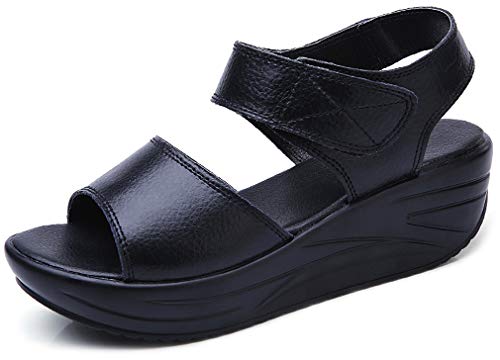 Solshine Damen Leder Plateau Sandalen Sommerschuhe A756 Schwarz 39EU von Solshine