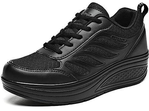 Solshine Damen Mesh Erhöhte Schnürer Plateau mit Keilabsatz Laufschuhe Sportschuhe, 35 EU, Farbe: Schwarz 2 von Solshine