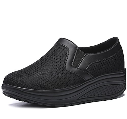 Solshine Damen Mesh Leichte Slip On Plateau Sportliche Walkingschuhe P218 Schwarz 35EU von Solshine