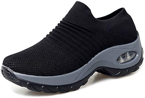 Solshine Damen Mesh Plateau mit Luftpolster Slip on Turnschuhe 579 Schwarz 35EU von Solshine