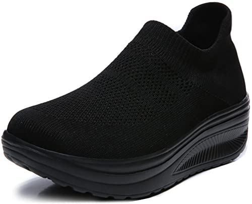 Solshine Damen Plateau Slip on Sneakers Fitness Walking Leichte Turnschuhe D251 Schwarz 36EU von Solshine