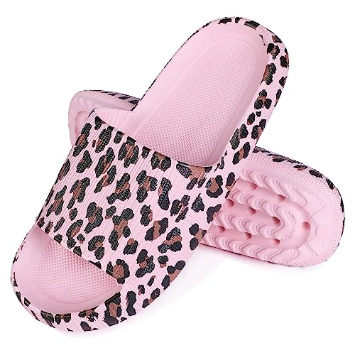 Solutra Badelatschen Damen Herren Sommer, Weiche Dicke Wolkenschuhe Damen Cozy Slides, Rutschfeste Badeschlappen Damen Hausschuhe Airfoot(36/37 EU,Rosa Leopardenmuster) von Solutra