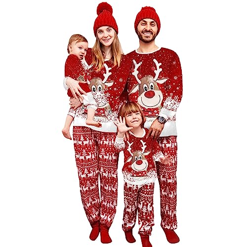 Solutra Weihnachtspyjama Familie Set Rentier,Weihnachts Pyjama Familie Set Weihnachts Schlafanzug, Weihnachten Nachtwäsche Partner für Damen Herren Kinder(Kinder,9-10 Jahre) von Solutra