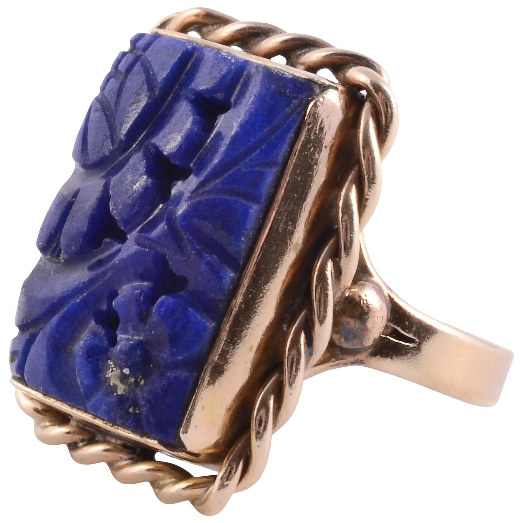 Geschnitzter Lapis 14Ky Ring von SolvangAntiques