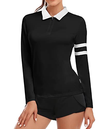 Soneven 1/4 Reißverschluss Golf Poloshirt Damen Langarm Schwarz Polohemd Sport Polo Langarmshirt Damen Sportshirt mit Kragen für Wandern Golf Angeln 36 von Soneven