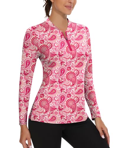 Soneven 1/4 Zip V Ausschnitt Langarmshirt Damen Sport Oberteile Damen Langarm T Shirts Wandershirt Damen Atmungsaktiv Rosa-Druck M von Soneven