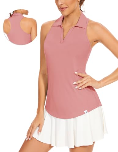 Soneven Ärmellos Poloshirt Damen Sport Polohemd V Ausschnitt Funktionsshirt Tshirts Tank Top Gerippt Atmungsaktiv Schnelltrocknend für Golf Tennisp[Rosa, S] von Soneven