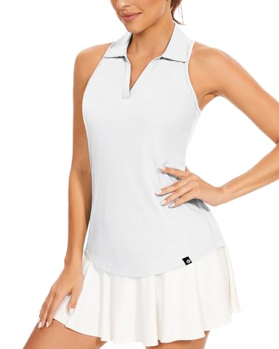 Soneven Ärmellos Poloshirt Damen Sport Polohemd V Ausschnitt Funktionsshirt Tshirts Tank Top Gerippt Atmungsaktiv Schnelltrocknend für Golf Tennisp[Weiß, M] von Soneven