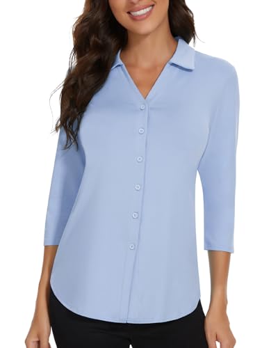 Soneven Blau Bluse Damen Elegant Blusenshirt Damen mit V-Ausschnitt Poloshirt Langarm Golf Polo Business Oufit Hemdbluse Oberteil S von Soneven