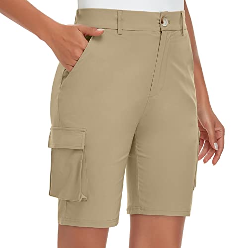 Soneven Cargo Shorts Damen Kurze Hose High Waist Khaki Leicht mit Knopfleiste, Elastisch Bund, Verfügbare Gürtel von Soneven