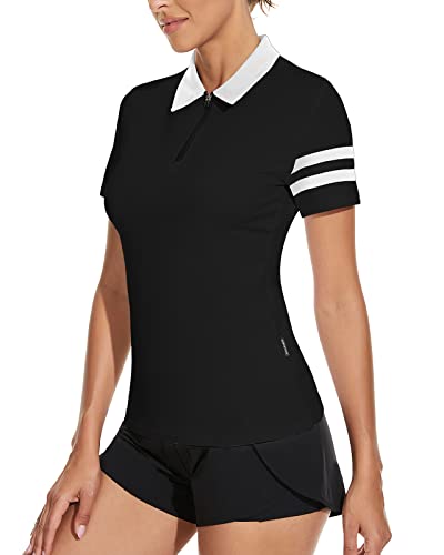 Soneven Damen Langarm Golf Poloshirts Feuchtigkeitstransport Schnell Trocknen Half Zip Pullover Athletic Workout Gestreifte Tops, B-schwarz, Groß von Soneven