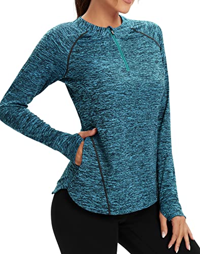 Soneven Damen Laufshirt Langarm Funktionsshirt Langarmshirt Sport t Shirts Damen Fitness Trainingsshirt 1/4 Zip Wandershirt Damen Atmungsaktiv mit Daumenloch und Tasche Smaragd S von Soneven