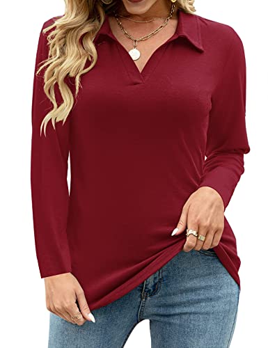 Soneven Damen Poloshirt Langarm Business Casual Bluse elegant Oberteile Work Langarmshirt v-Ausschnitt,Rot,M von Soneven