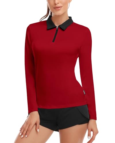 Soneven Damen Poloshirt Langarm Sportshirt Damen Atmungsaktiv Laufshirt Langarm Damen Funktionsshirt 1/4 Reißverschluss Langarmshirt Damen Rot XL von Soneven