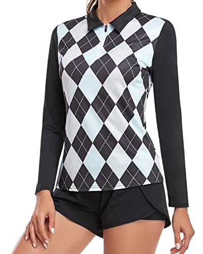 Soneven Sportshirt Damen Langarm Poloshirt Damen Atmungsaktiv Laufshirt Langarm Damen Funktionsshirt 1/4 Reißverschluss Langarmshirt Damen im Polo-Stil Diamantgitter 36 von Soneven