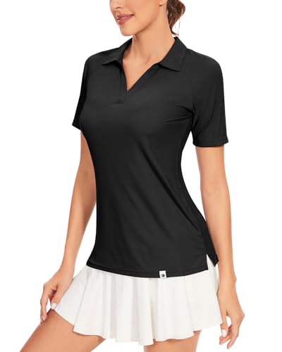 Soneven Damen Poloshirt V Ausschnitt Kurzarm Polohemd Sport Tshirts Gerippt Atmungsaktiv Schnelltrocknend Funktionsshirt für Golf Tennis[Schwarz, L] von Soneven