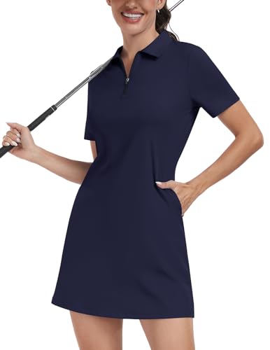 Soneven Damen Tenniskleid mit Hose 1/4 Zip Tennis Kleidung Set Kurzarm Sportkleider Sommerkleid Golfkleid Für Sport Tennis Baseball,Dunkelblau,S von Soneven