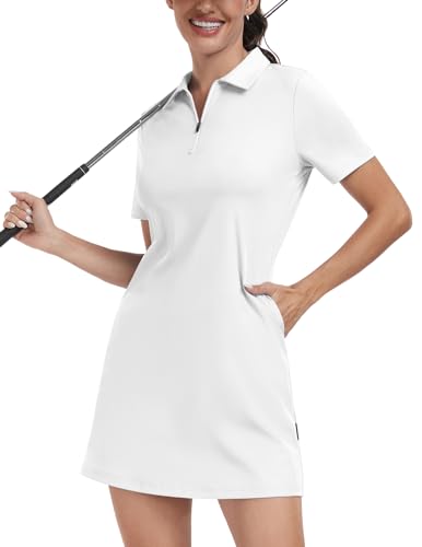 Soneven Damen Tenniskleid mit Hose 1/4 Zip Tennis Kleidung Set Kurzarm Sportkleider Sommerkleid Golfkleid Für Sport Tennis Baseball,Weiß,XXL von Soneven