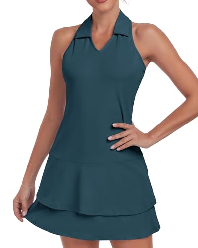 Soneven Damen Tenniskleid mit Hose Ärmellos 1/4 Zip Tennis Kleidung Set Sportkleider Sommerkleid Golfkleid Für Sport Tennis Baseball,Grün,S von Soneven