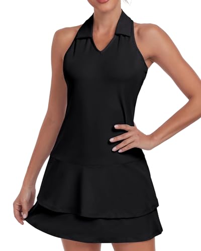 Soneven Damen Tenniskleid mit Hose Ärmellos 1/4 Zip Tennis Kleidung Set Sportkleider Sommerkleid Golfkleid Für Sport Tennis Baseball,Schwarz,L von Soneven