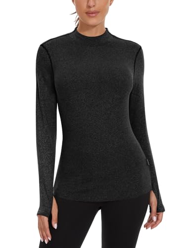 Soneven Fleece Rollkragen Pullover Damen Herbst Funktionsshirt Damen Langarm Wandern Warm Sweatshirts mit Daumenlöche Laufshirt Schwarz S von Soneven