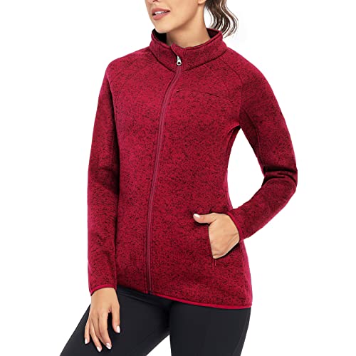 Soneven Fleecejacke Damen, Strickfleecejacke Damen mit Durchgehendem Reißverschluss Fleecejacke Langärmlig Fleece Jacke Sweatjacke Warm Winter für Wandern Outdoor Running, Karmesinrot XL von Soneven