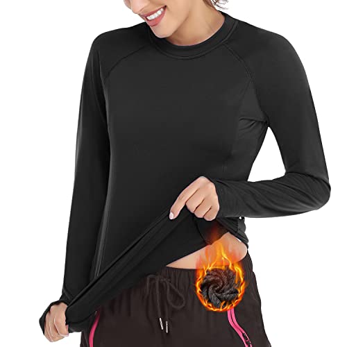 Soneven Funktionsshirt Damen Langarm Laufshirt，Sport Shirt Fleece Thermo-Laufshirt Sweatshirts mit Daumenlöche Atmungsaktive Shirt Running Longsleeve Sportoberteile Reines Schwarz XXL von Soneven