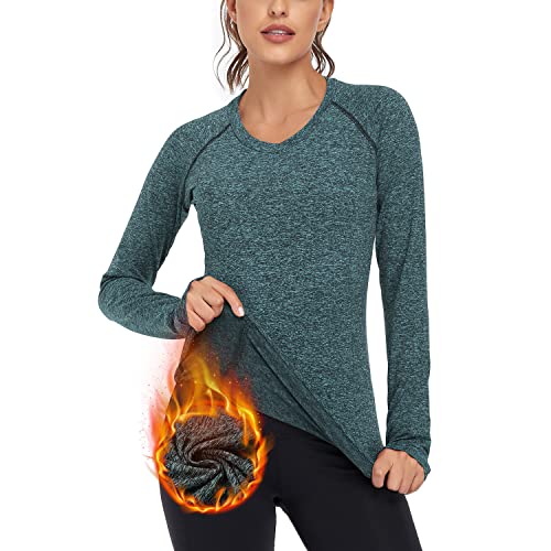 Soneven Funktionsshirt Damen Langarm Winter Fleece Thermo Laufshirt Sportshirt Damen Langarm Warmer Pullover V Ausschnitt Herbst Thermoshirt Langarmshirts mit Daumenlöche VI-Grün L von Soneven