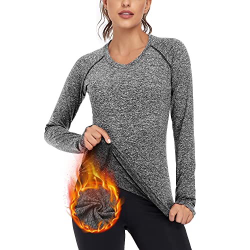 Soneven Funktionsshirt Damen Langarm Winter Fleece Thermo Laufshirt Sportshirt Damen Langarm Warmer Pullover V Ausschnitt Herbst Thermoshirt Langarmshirts mit Daumenlöche VI-Schwarz L von Soneven