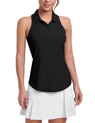 Soneven Golf Poloshirt Damen Ärmellos Shirt Sport Tank Top Racerback mit Kragen Gym Leichte Sporttop Yoga Oberteile Schwarz XL von Soneven