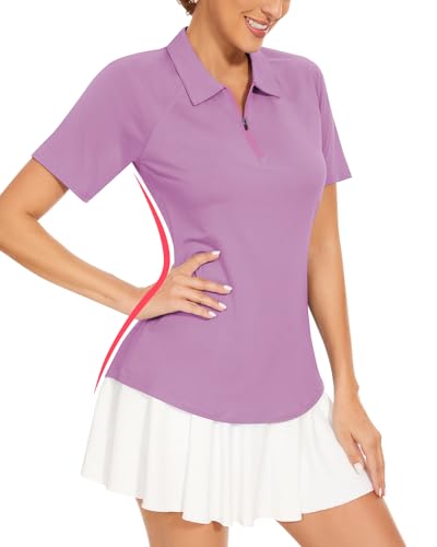 Soneven Golf Poloshirt Damen Kurzarm Sport Tshirts für Damen Sommer Funktionsshirt Atmungsaktiv Wandershirt für Fitness Tennis Reiten Lila L von Soneven
