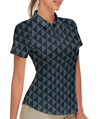 Soneven Golf Poloshirt Damen Kurzarm mit 1/4 Reißverschluss Sportshirt Damen Sport Tshirts Damen Schnelltrocknend Atmungsaktiv Laufshirt Funktionsshirt Polohemd Damen Diamantgitter XXL von Soneven