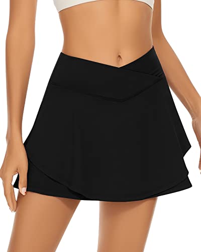 Soneven Hosenrock Damen Kurz V-Bund Tennisrock Damen mit Hose Sportrock Wanderrock Damen mit Taschen Mini Rock Schwarz L von Soneven