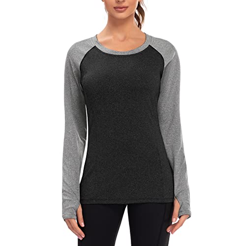 Soneven Laufshirt Damen Langarm Sportshirt basicshirt mit Fleece Thermo warm Baselayer Funktionsshirt Obteil Winter;Schwarzgrau,Schwarzgrau von Soneven