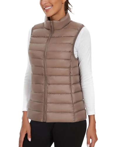 Soneven Leichte Steppweste Damen Daunenweste Thermo Puffer Weste Kurz Warm Ärmellos Jacke mit Stehkragen Reissverschluss Taschen, Verstaubar[Hellbraun, S] von Soneven