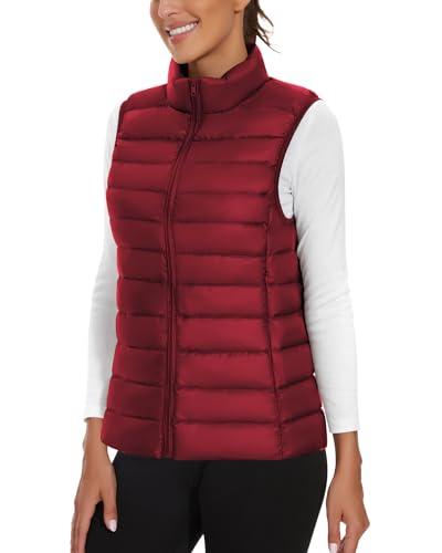 Soneven Leichte Steppweste Damen Daunenweste Thermo Puffer Weste Kurz Warm Ärmellos Jacke mit Stehkragen Reissverschluss Taschen, Verstaubar[Rotwein, L] von Soneven