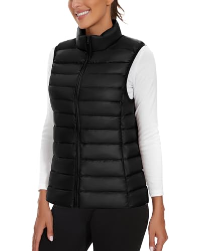 Soneven Leichte Steppweste Damen Daunenweste Thermo Puffer Weste Kurz Warm Ärmellos Jacke mit Stehkragen Reissverschluss Taschen, Verstaubar[Schwarz, S] von Soneven