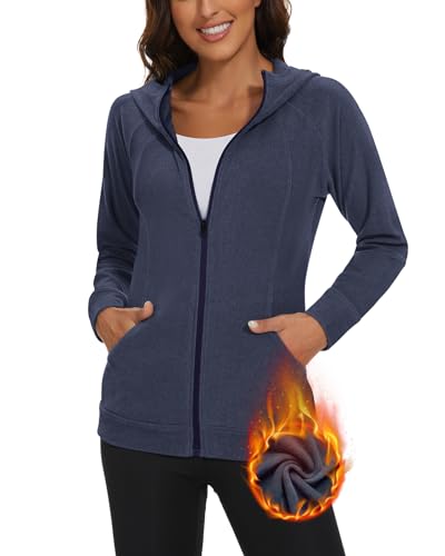 Soneven Outdoor Fleecejacke Damen mit Kapuze Warm Sweatjacke Damen Kapuzenjacke Damen Winter Laufjacke Leicht Sport Full Zip Hoodie für Herbst Winter Blau M von Soneven