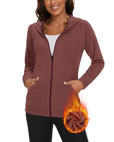 Soneven Outdoor Fleecejacke Damen mit Kapuze Warm Sweatjacke Damen Kapuzenjacke Damen Winter Laufjacke Leicht Sport Full Zip Hoodie für Herbst Winter Rosa S von Soneven