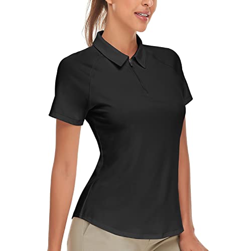 Soneven Poloshirt Damen Leichtes Kurzarm Schwarz 1/4 Reißverschluss Atmungsaktiv Schnelltrocknend für Golf Tennis Freizeit Trainning Laufen von Soneven